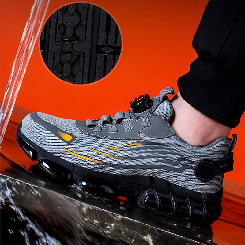 Arenzza non-slip safety shoes with shock-absorbing studs, featuring durable soles and a secure fit for safety and comfort.