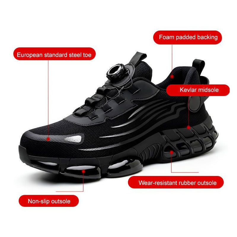 Arenzza non-slip safety shoes with shock-absorbing studs, designed for safety and comfort in work environments.