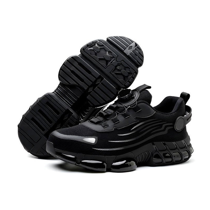 Arenzza non-slip safety shoes with shock-absorbing studs, showcasing durable footwear with safety features and textured soles.