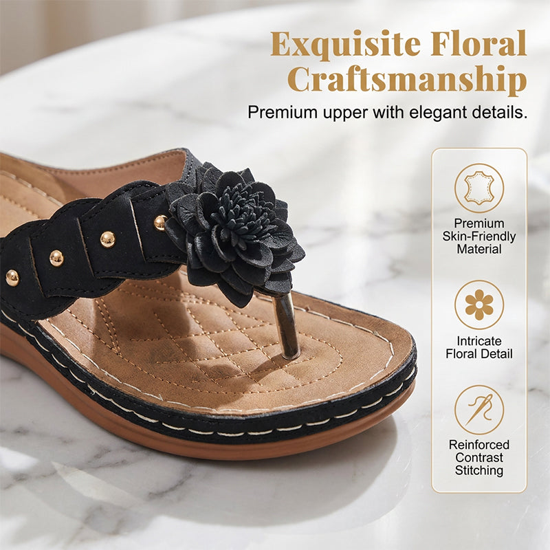 A pair of women's floral thong sandals by Arenzza with arch support, featuring lightweight and stylish design.