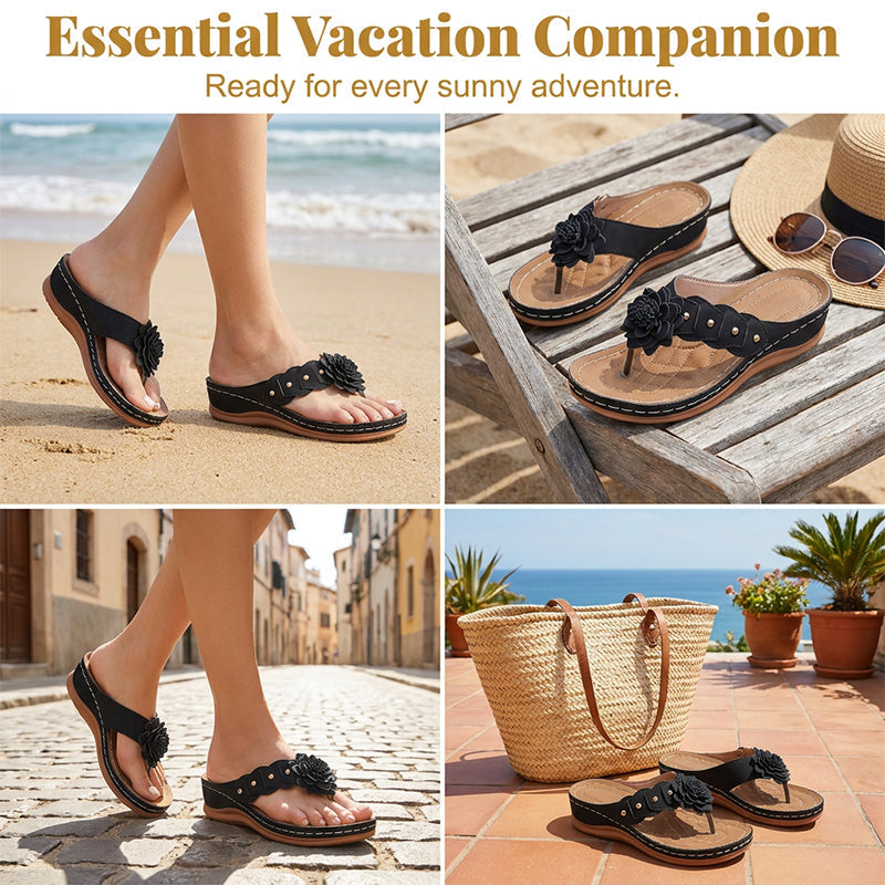 A pair of Arenzza women's floral thong sandals with arch support, lightweight and stylish, shown on a neutral background.