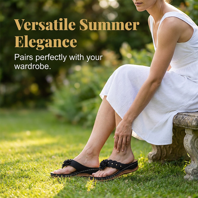 A pair of women's floral thong sandals by Arenzza with arch support, lightweight design, and stylish, comfortable fit.