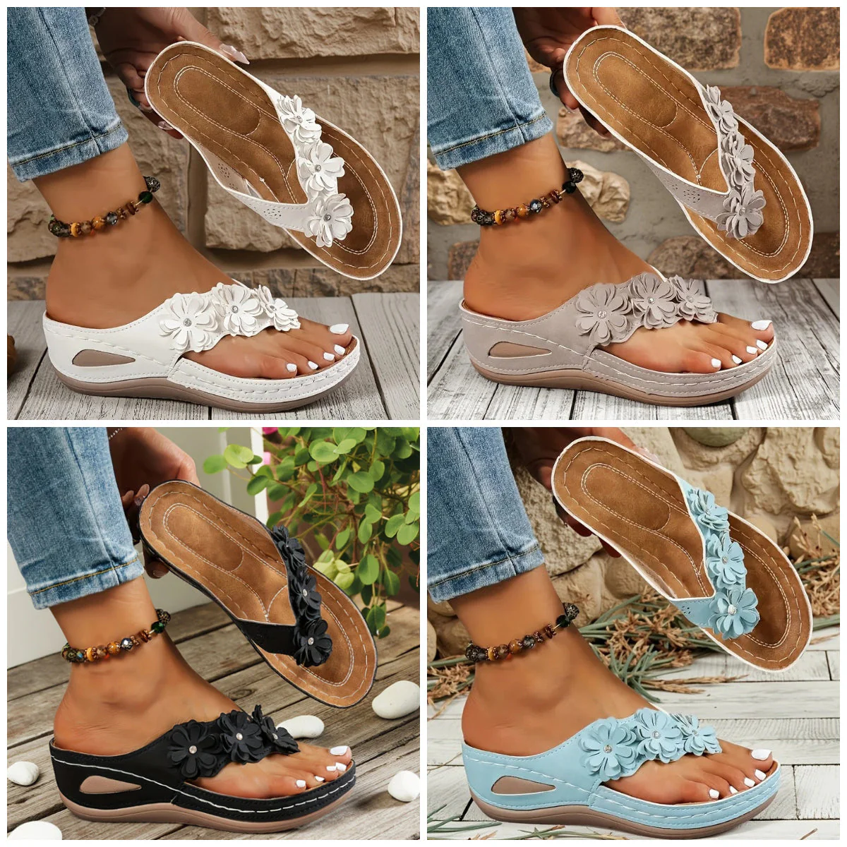 A pair of Arenzza women's floral wedge thong sandals with floral accents, cushioned arch support, and a non-slip outsole.