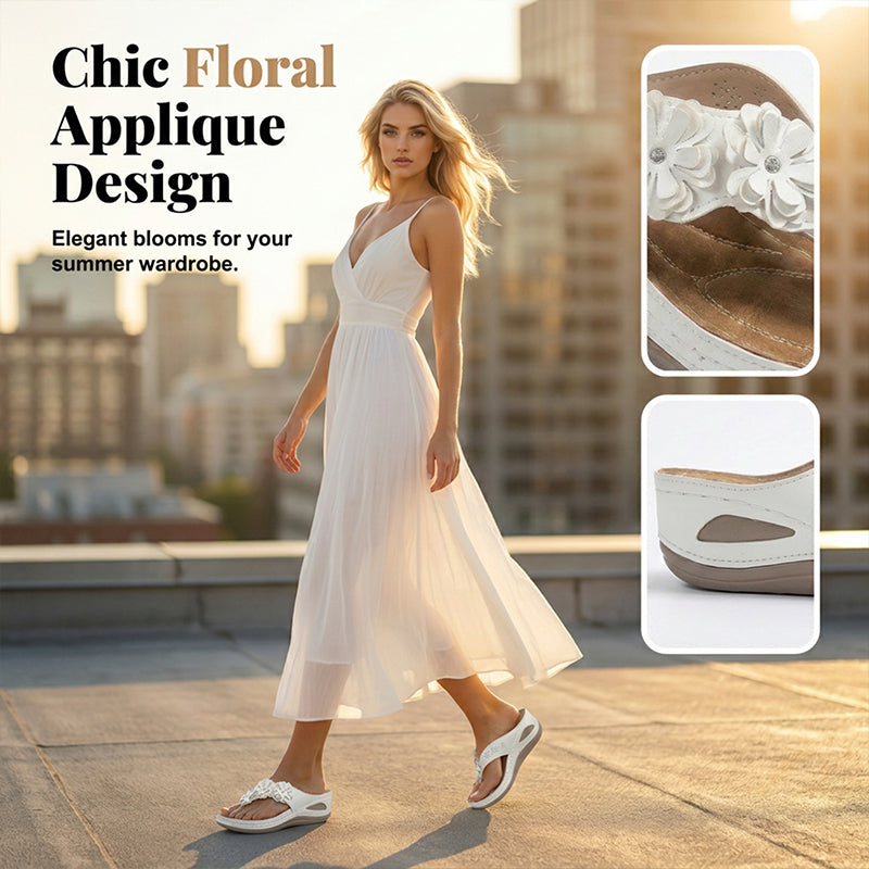A pair of women's floral wedge thong sandals by Arenzza with floral accents, cushioned arch support, and a non-slip outsole.