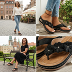 A pair of Arenzza women's floral wedge thong sandals with floral accents, cushioned arch support, and non-slip outsole.