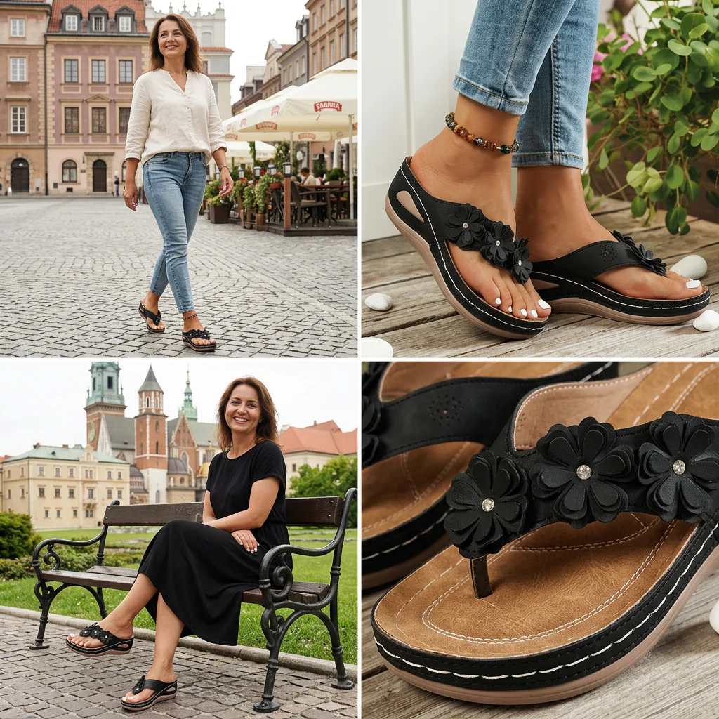 A pair of Arenzza women's floral wedge thong sandals with floral accents, cushioned arch support, and non-slip outsole.