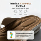A pair of Arenzza women's floral wedge thong sandals with floral accents, cushioned arch support, and non-slip outsole.