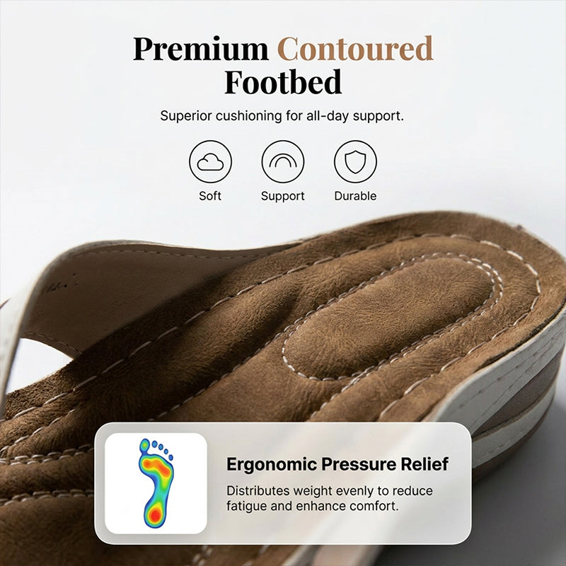 A pair of Arenzza women's floral wedge thong sandals with floral accents, cushioned arch support, and non-slip outsole.