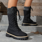 A pair of women's Arenzza quilted mid-calf winter boots with side zippers, featuring a warm, padded design for cold weather.