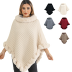 A woman wearing a chic, ultra-warm faux fur trim knit shawl by Arenzza, showcasing the cozy, stylish accessory for winter.