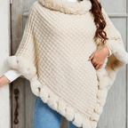 Aarenza women's chic ultra-warm faux fur trim knit shawl displayed in a stylish drape, showcasing soft fabric and plush fur accents.