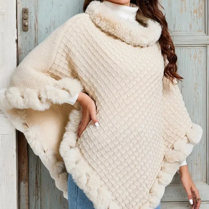 Women's Arenzza faux fur trim knit shawl, ultra-warm and stylish, with a cozy faux fur edge and soft knitted fabric.