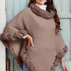 Women's Arenzza chic ultra-warm faux fur trim knit shawl, showcasing cozy knit fabric with plush faux fur accents.