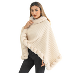Aarenza women's chic ultra-warm faux fur trim knit shawl draped over a model, showcasing cozy winter fashion and stylish accessories.