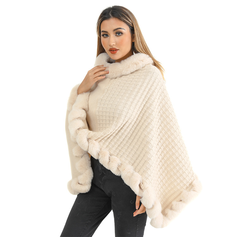 Aarenza women's chic ultra-warm faux fur trim knit shawl draped over a model, showcasing cozy winter fashion and stylish accessories.