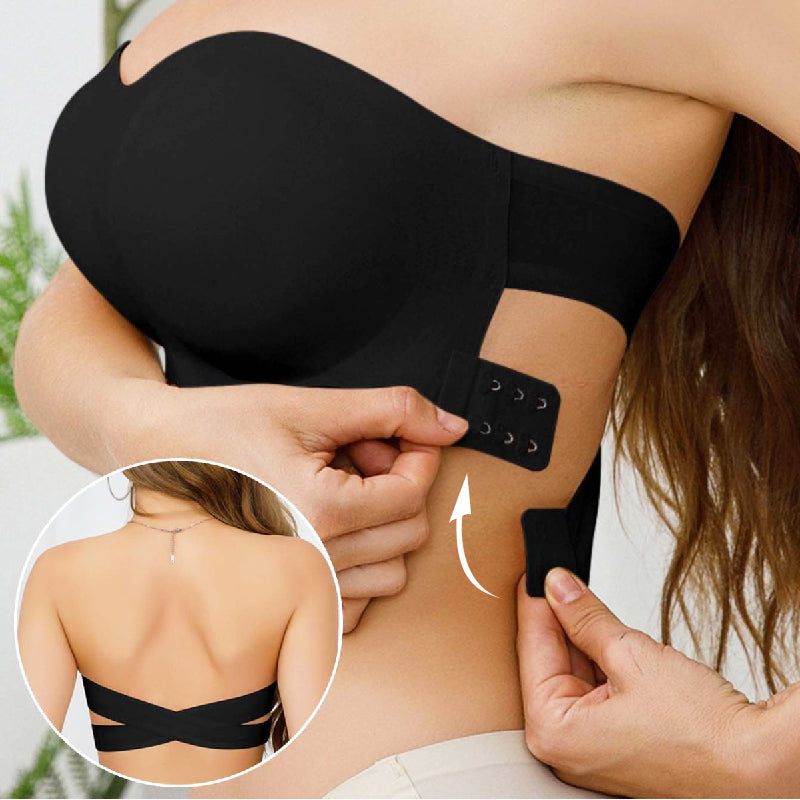 Aarenza women's strapless wireless bra with non-slip design, crossover sides, and side closure, shown in a soft purple color.