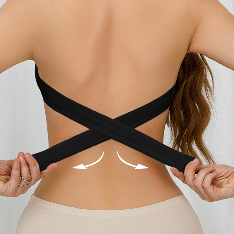 Aarenza women's strapless wireless bra with non-slip design and crossover side closure, black, showcasing comfortable, supportive lingerie.