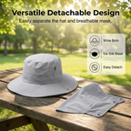 A white breathable fisherman hat by Arenzza with a detachable face mask attached, designed for outdoor sun protection.