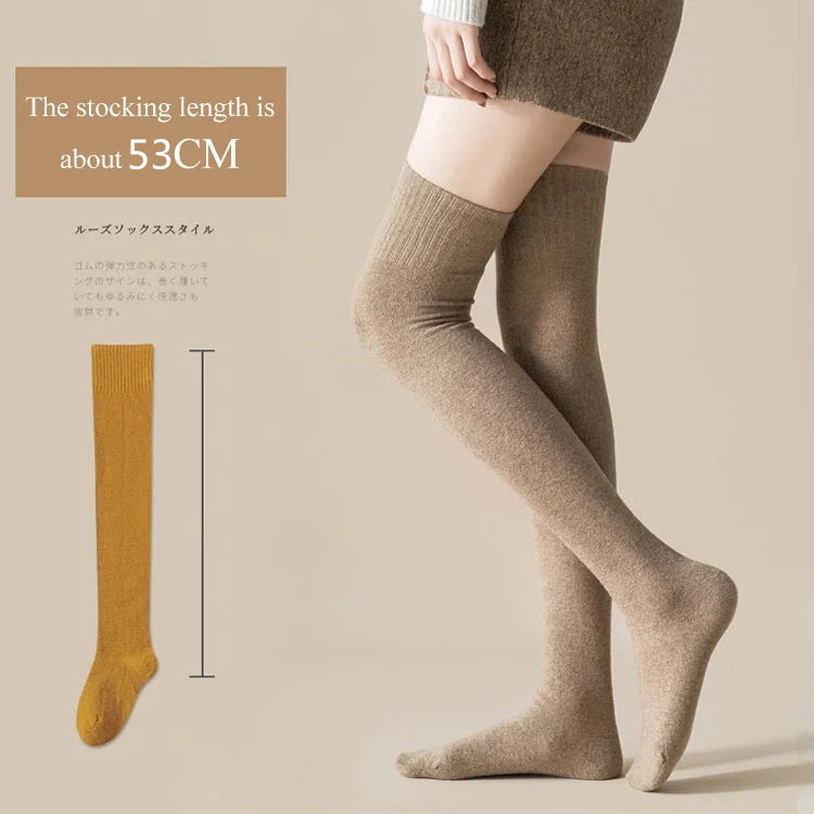 A pair of warm Arenzza thigh-high socks, long stockings in cozy fabric, displayed on a neutral background.