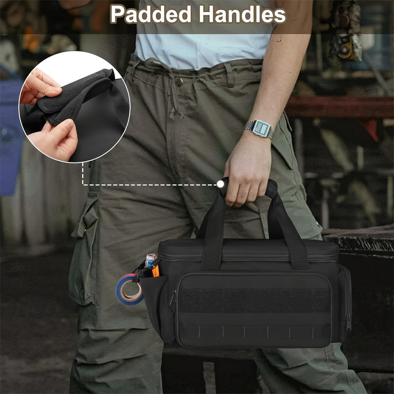 Arenzza 14-inch heavy-duty canvas tool bag with multiple compartments and sturdy handles for versatile storage and transportation.