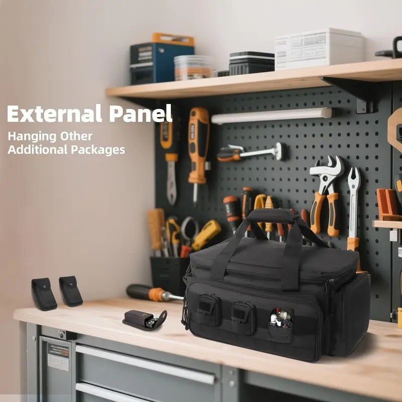 Aarenza 14-inch heavy-duty canvas tool bag with multiple compartments for tools and accessories, durable construction in natural canvas color.