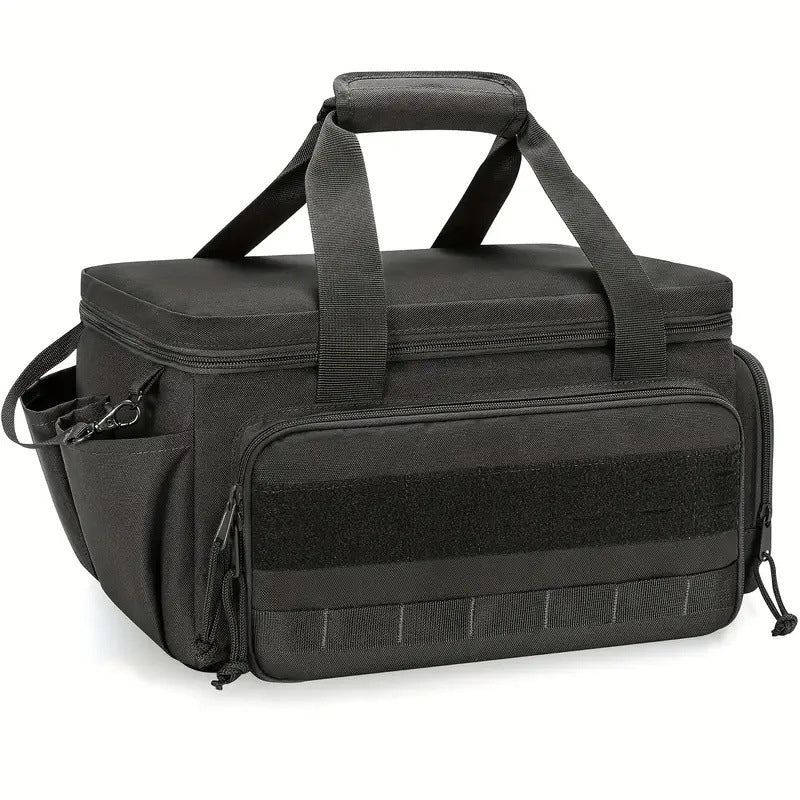 A 14-inch heavy-duty canvas tool bag by Arenzza with sturdy handles, open to show spacious interior for tools and accessories.