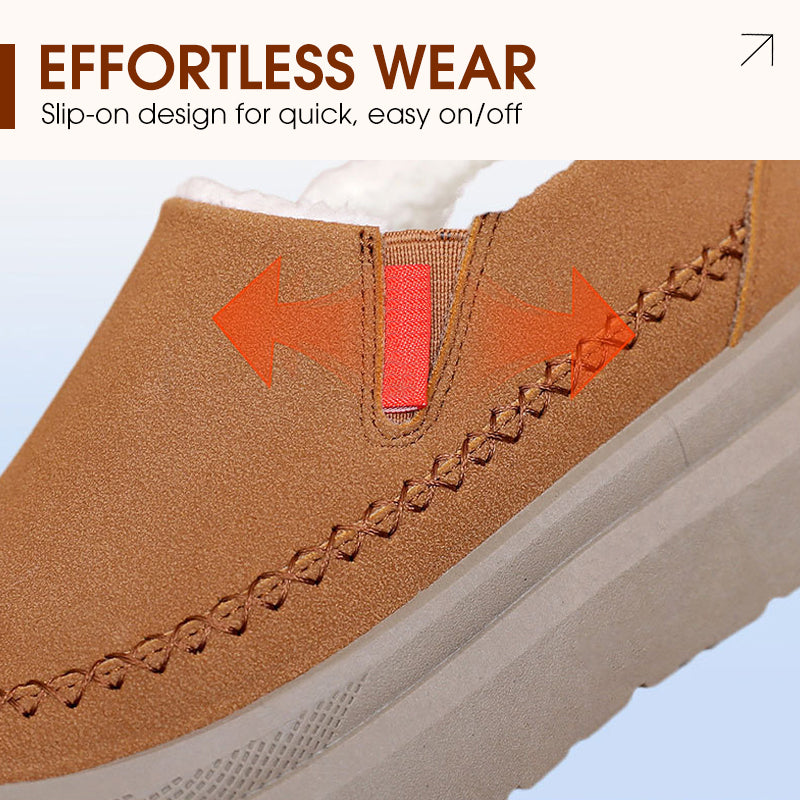 A pair of Arenzza women's plush cozy slip-on shoes with warm, soft fabric and a comfortable fit, perfect for winter comfort.