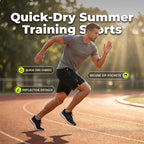 A pair of Arenzza men's summer quick-dry sports shorts with elastic waistband and breathable fabric, laid flat on a white surface.