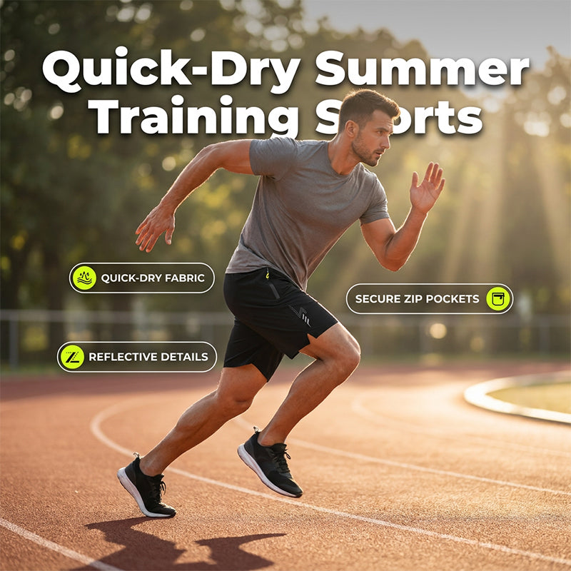 A pair of Arenzza men's summer quick-dry sports shorts with elastic waistband and breathable fabric, laid flat on a white surface.