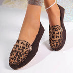 A pair of women's leopard print patchwork loafers by Arenzza, featuring stylish design and comfortable slip-on style.