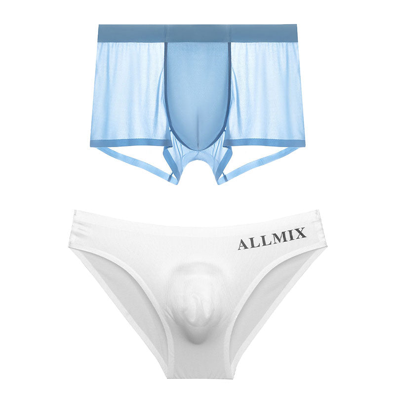 A men's breathable underwear set with briefs and boxer shorts made of 3D ice silk, featuring comfortable, lightweight fabric from Arenzza.