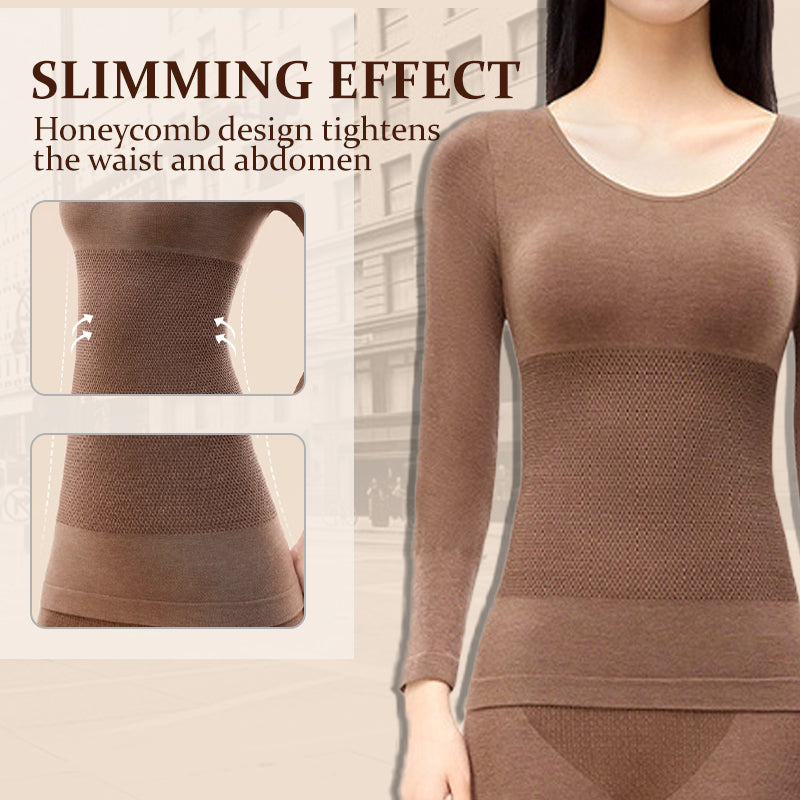 A woman wearing Arenzza thermal underwear set for women, featuring a cozy top and matching bottoms in soft, warm fabric.
