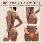 A woman wearing Arenzza thermal underwear set, cozy long-sleeve top and matching leggings for cold weather comfort.