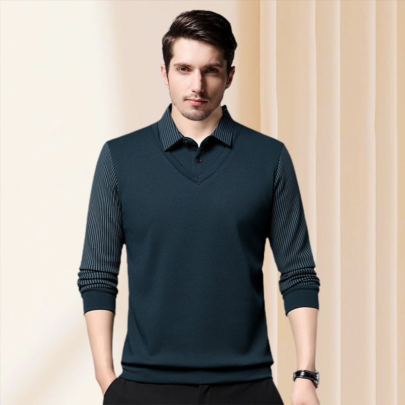 Arenzza striped lapel fake two-piece knitted shirt with a collared design, stylish and suitable for casual or office wear.