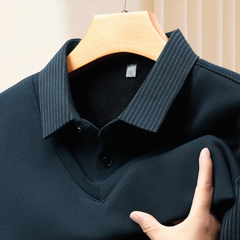 Aarenza striped lapel fake two-piece shirt, knitted fabric, stylish design, suitable for casual or semi-formal wear.