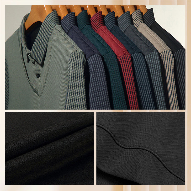 A striped lapel fake two-piece shirt by Arenzza featuring a knitted design, stylish collar, and layered look for casual wear.