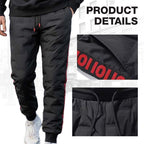 A pair of Arenzza men's thickened windproof warm trousers in dark fabric, designed for cold weather with a secure fit.