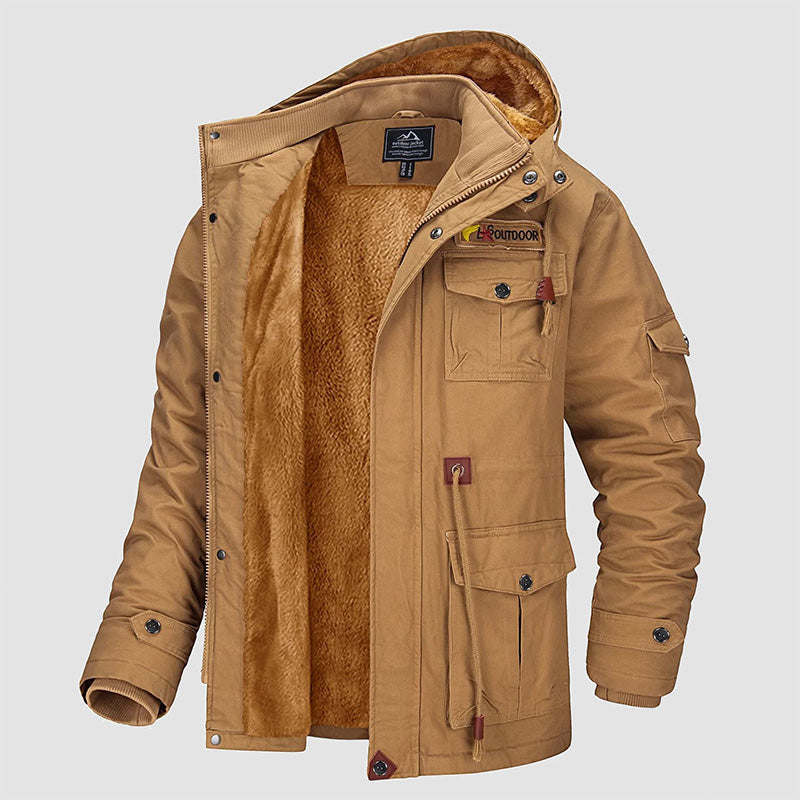 Men's winter cotton military driver jacket with drawstring hood, featuring a rugged style and functional design by Arenzza.