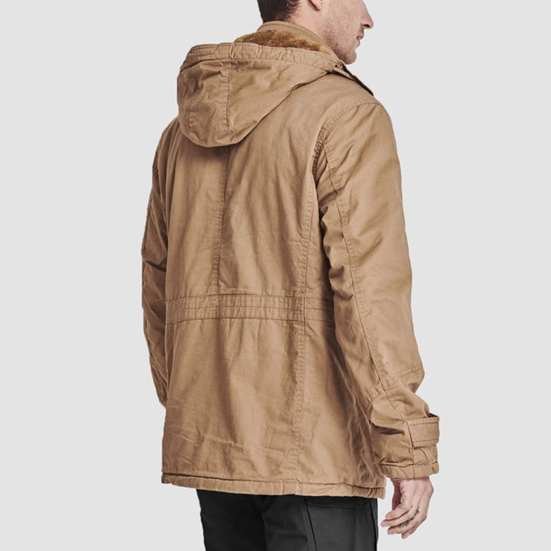 Men's winter cotton military driver jacket by Arenzza with drawstring hood, front pockets, and rugged style.