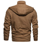 Men's winter cotton military driver jacket by Arenzza with drawstring hood, button closure, and rugged style, ideal for cold weather.