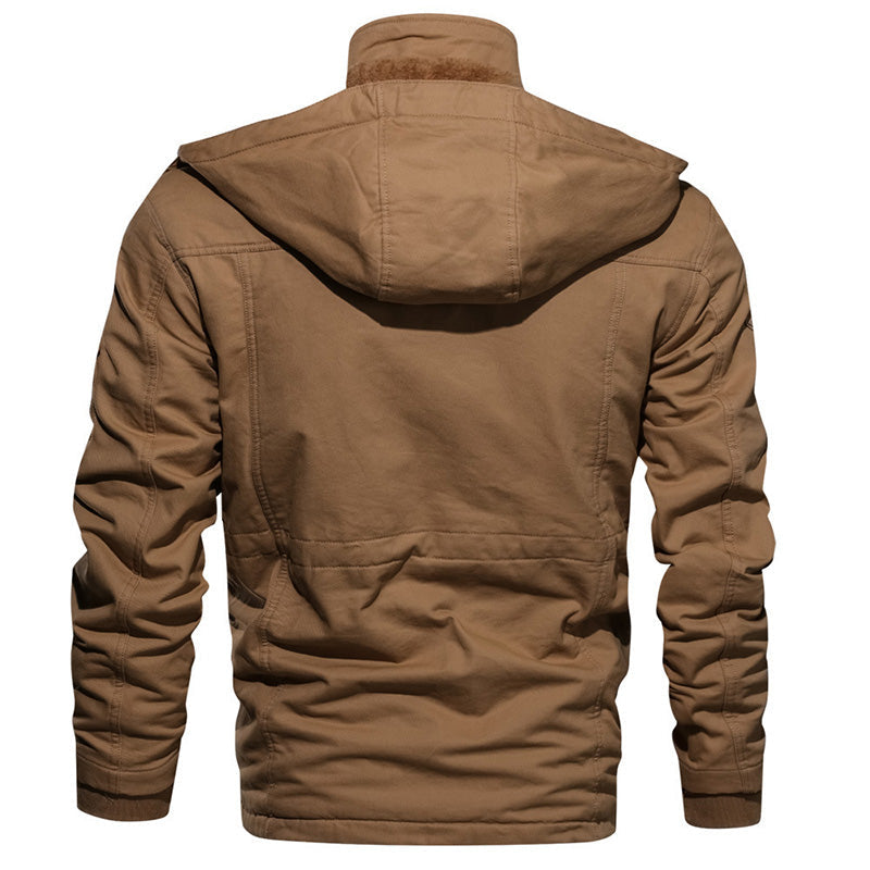 Men's winter cotton military driver jacket by Arenzza with drawstring hood, button closure, and rugged style, ideal for cold weather.