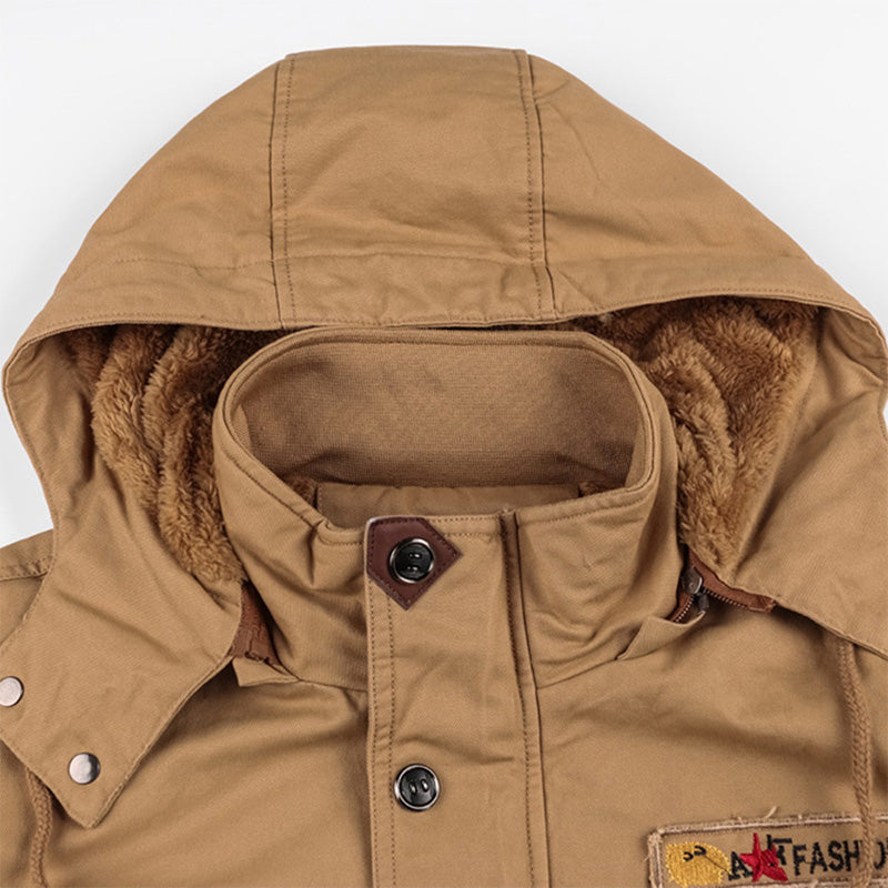 Men's winter cotton military driver jacket by Arenzza with drawstring hood, front pockets, and durable combat-style design.