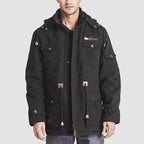 Men's winter cotton military driver jacket by Arenzza with drawstring hood, stylish design, and comfortable fit.