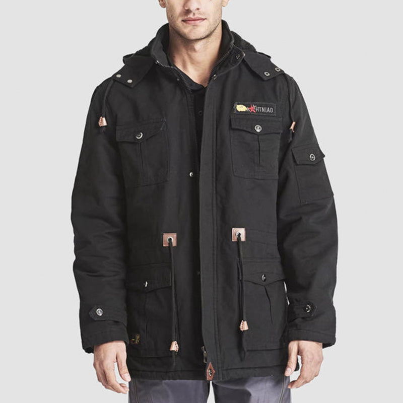 Men's winter cotton military driver jacket by Arenzza with drawstring hood, stylish design, and comfortable fit.