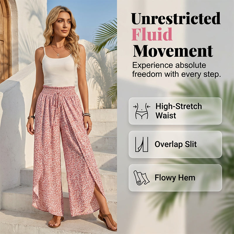 Women's Arenzza smocked waist wide-leg pants with slit, showing flowing fabric and relaxed fit on a model.