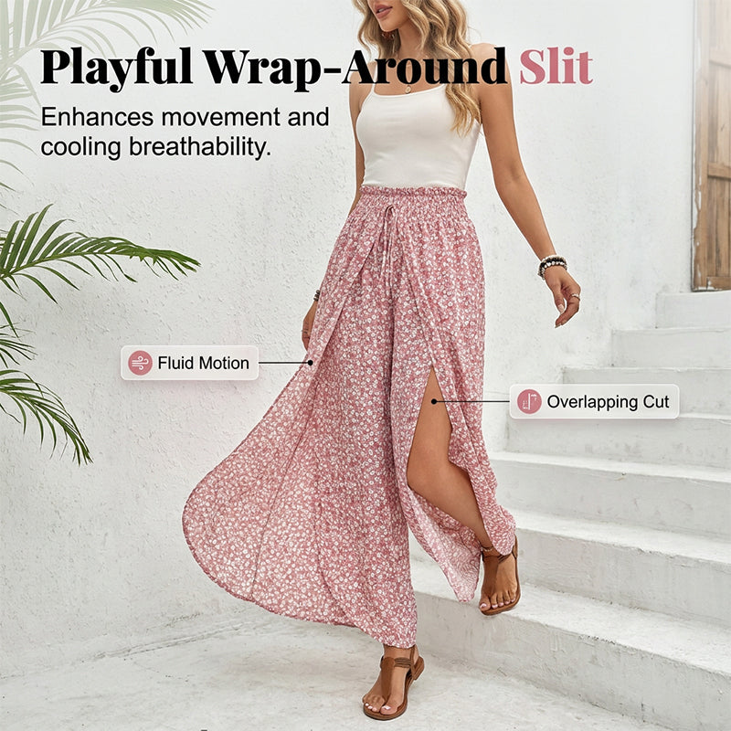 Women's Arenzza smocked waist wide-leg pants with slit, shown in a stylish clothing image with flowing fabric and relaxed fit.