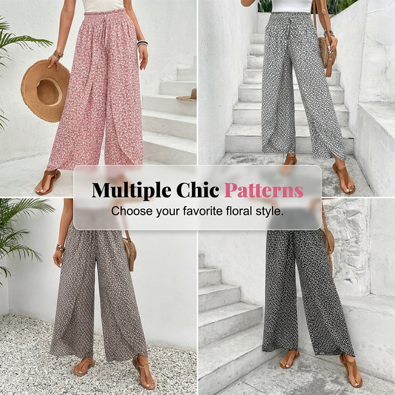 A pair of women's Arenzza smocked waist wide-leg pants with side slits, shown hanging against a neutral background.