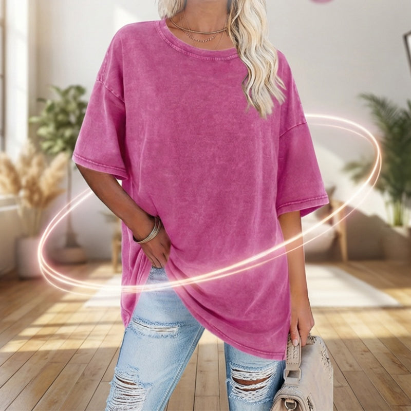 Women’s washed vintage oversized T-shirt by Arenzza, featuring a relaxed fit and distressed fabric, displayed on a hanger.
