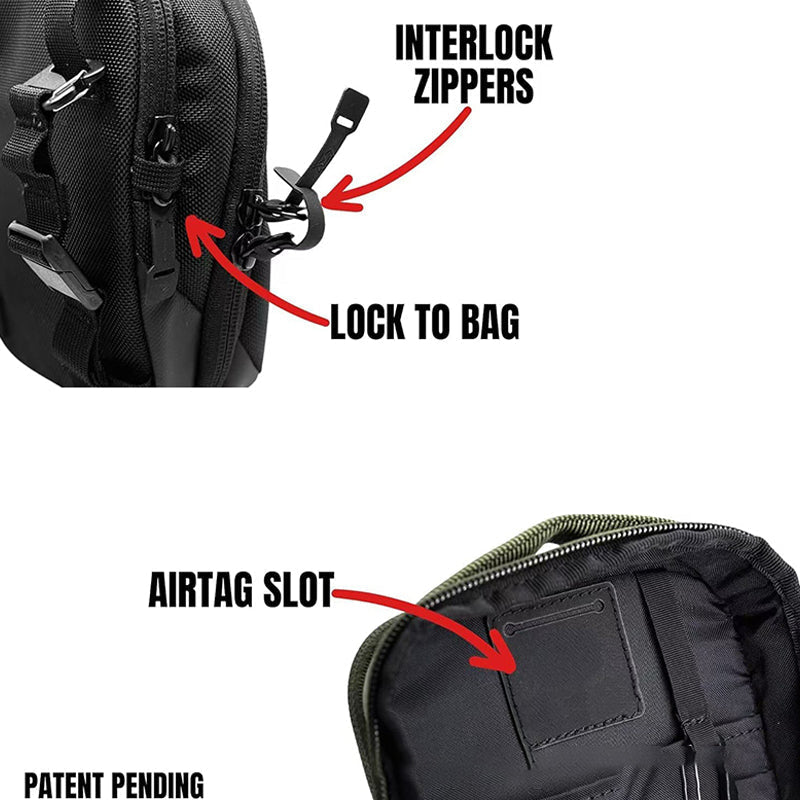 A black Arenzza magnetic waterproof bag with durable material, designed for clothing and accessories, featuring a secure magnetic closure.