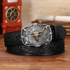 Men's leather belt with embossed bull head design, retro style, from Arenzza, featuring detailed craftsmanship and classic buckle.